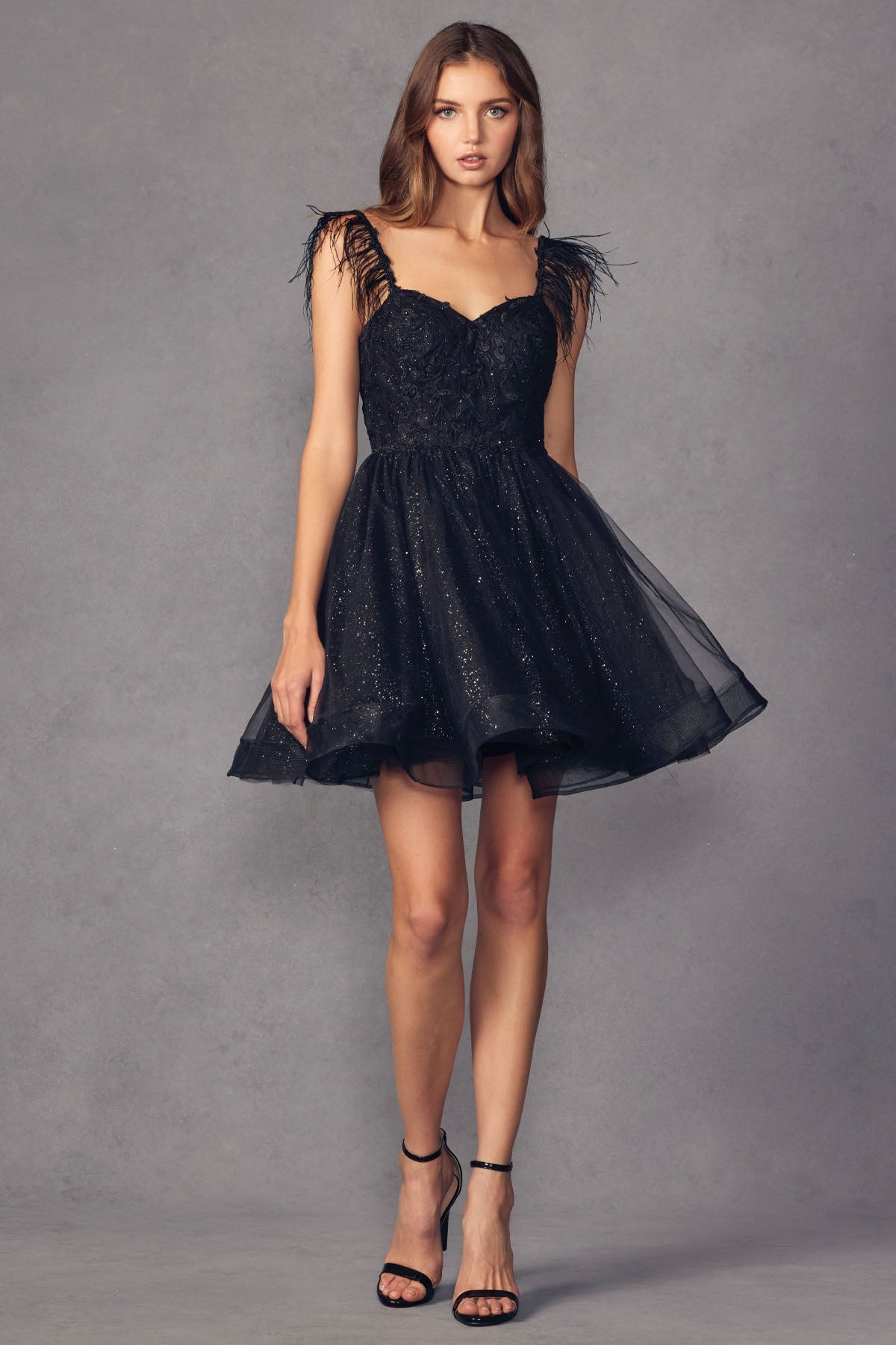 Feather Straps Sheer Bodice Short Cocktail & Homecoming Dress JT881-3