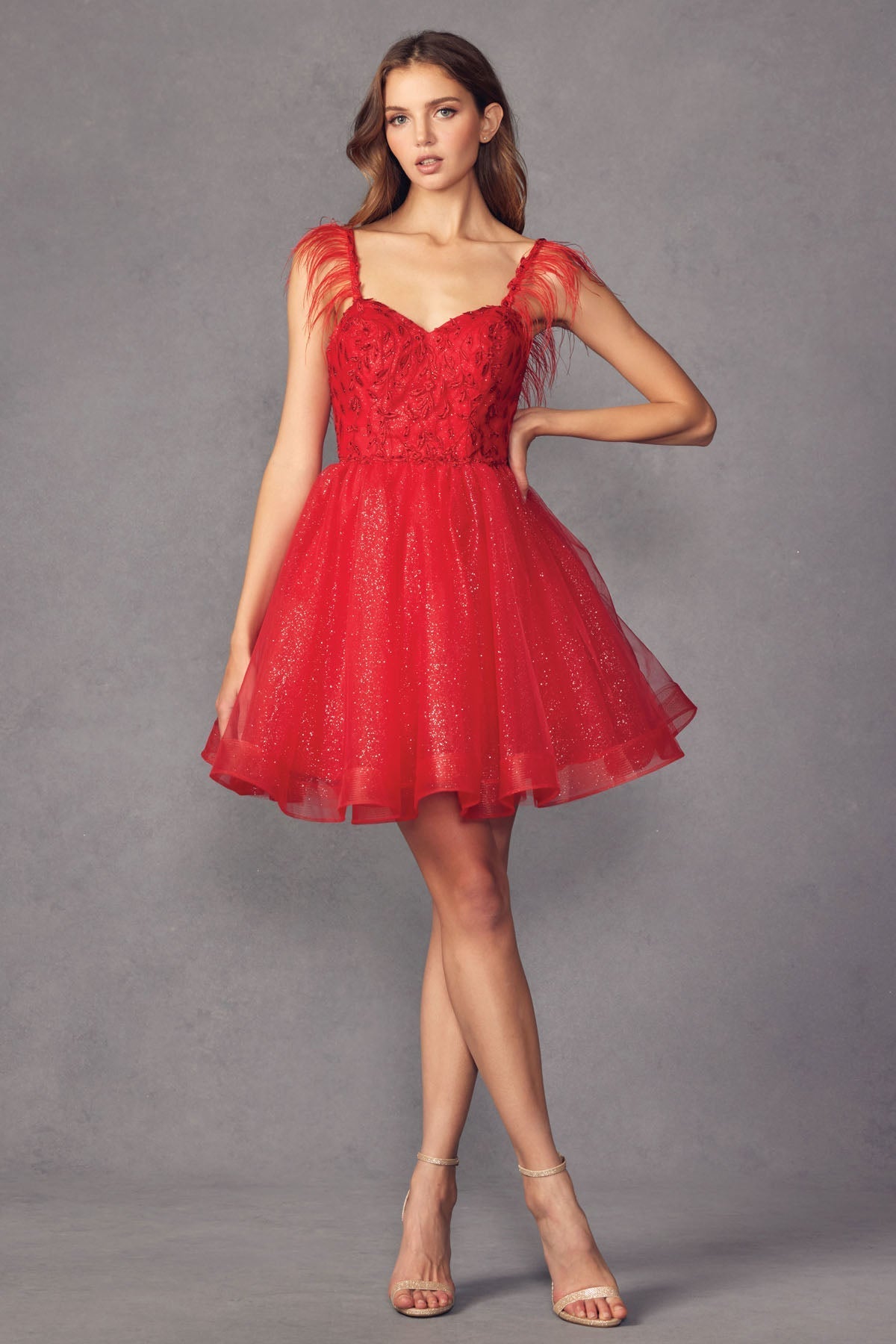 Feather Straps Sheer Bodice Short Cocktail & Homecoming Dress JT881-6