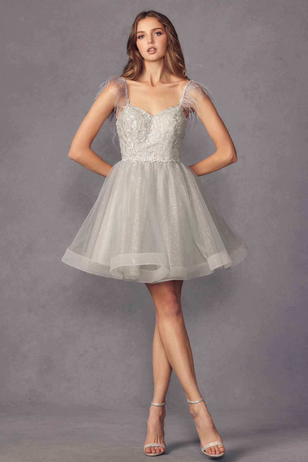 Feather Straps Sheer Bodice Short Cocktail & Homecoming Dress JT881-0