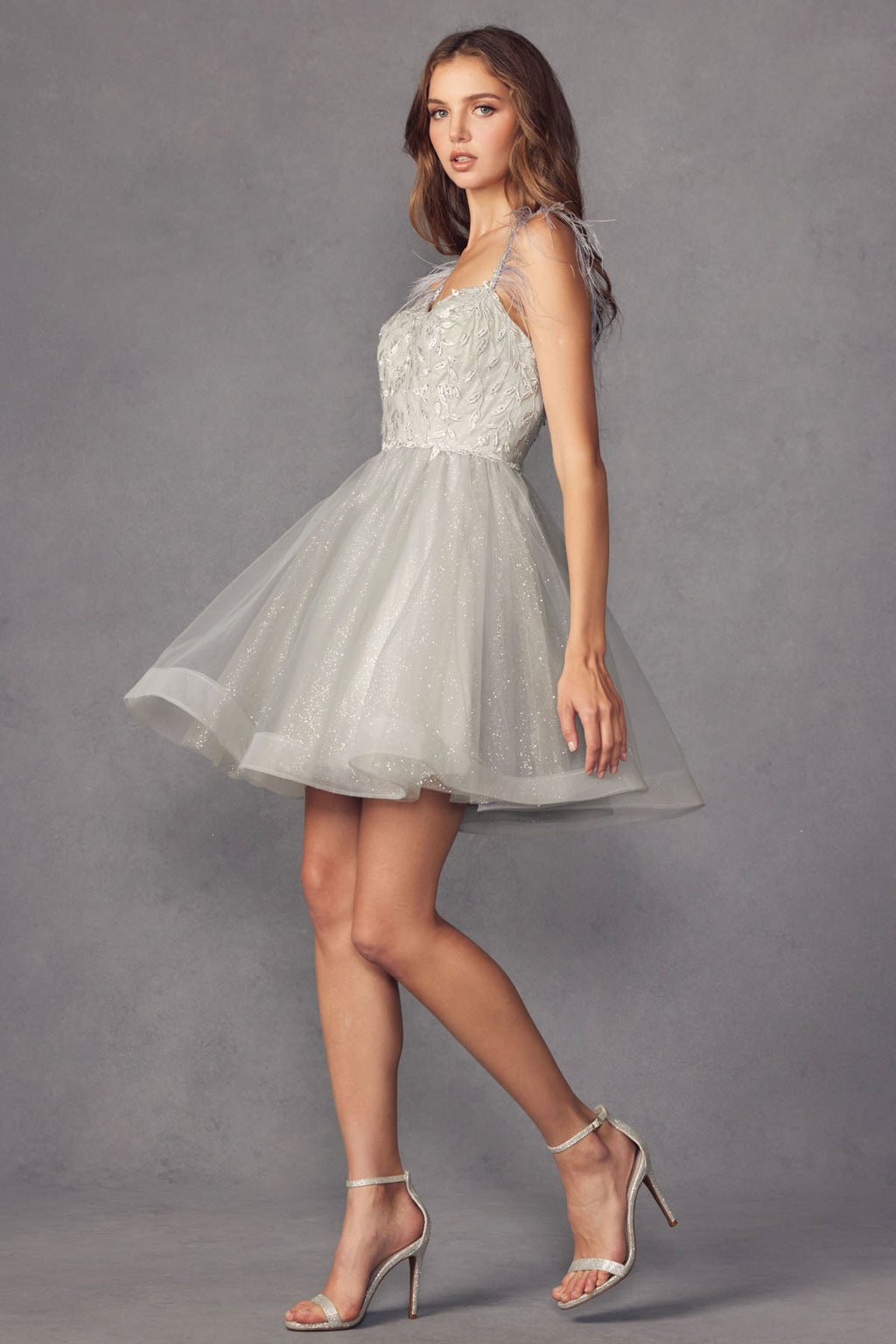 Feather Straps Sheer Bodice Short Cocktail & Homecoming Dress JT881-1