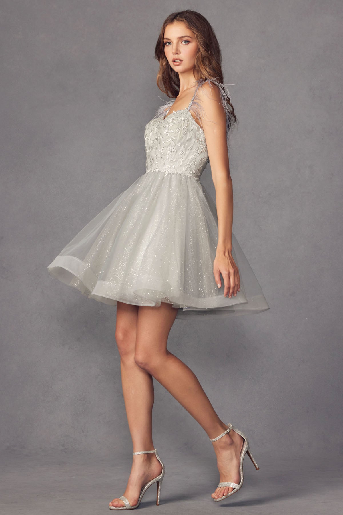 Feather Straps Sheer Bodice Short Cocktail & Homecoming Dress JT881-1