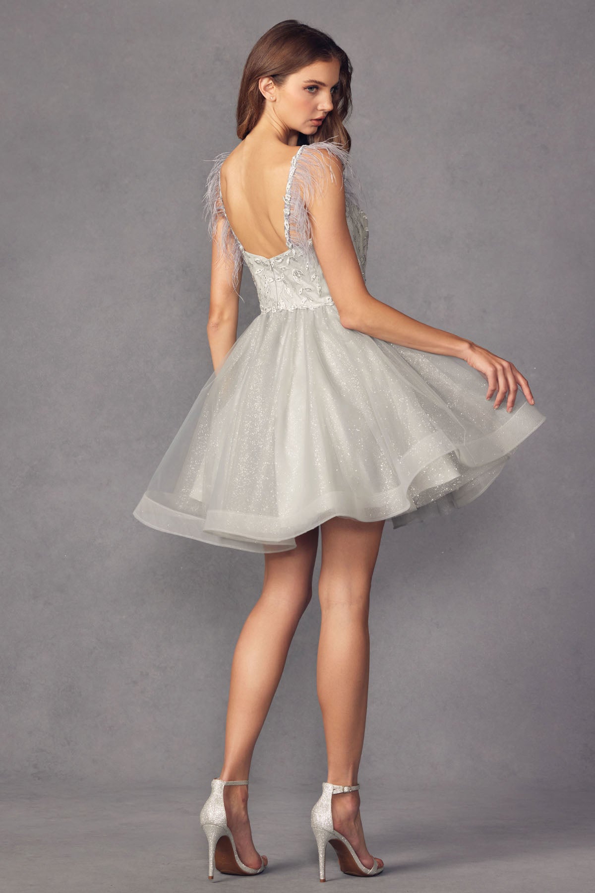 Feather Straps Sheer Bodice Short Cocktail & Homecoming Dress JT881-2