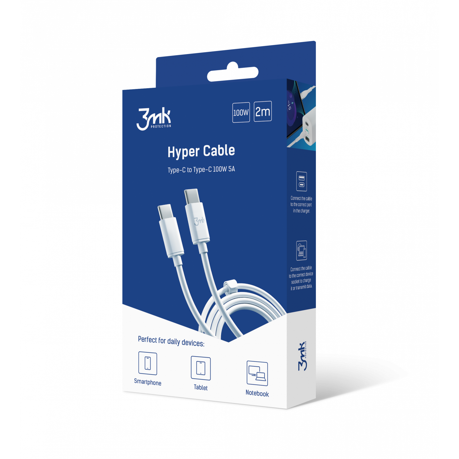Cablu Hyper, 3MK, USB-C/USB-C, 100W, 2m, Alb (3MK464543)-0