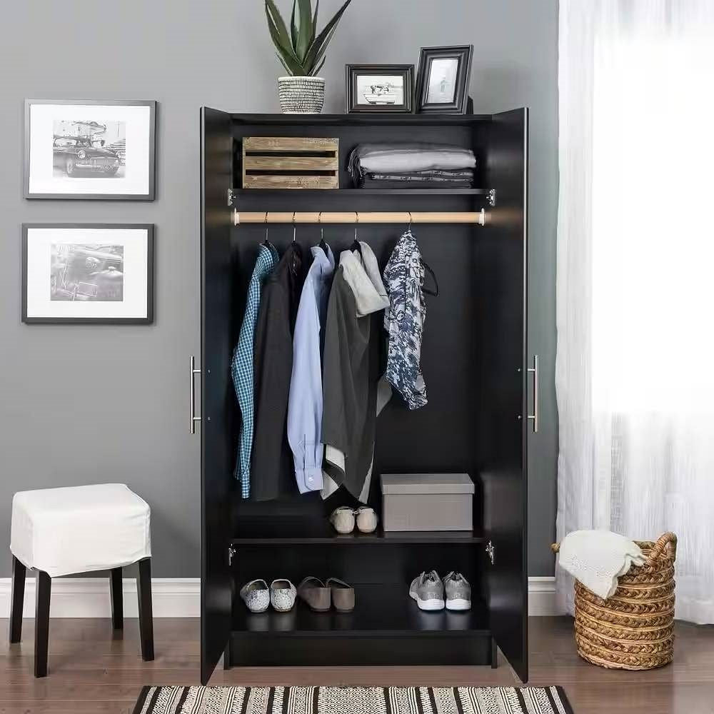 Black Freestanding Bedroom Cabinet Armoire Wardrobe Closet with Hanging Rail-2