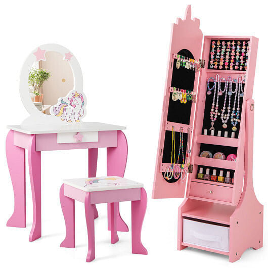 Kids Jewelry Armoire Cabinet with Storage and 2 Tilt Angles-Pink-2