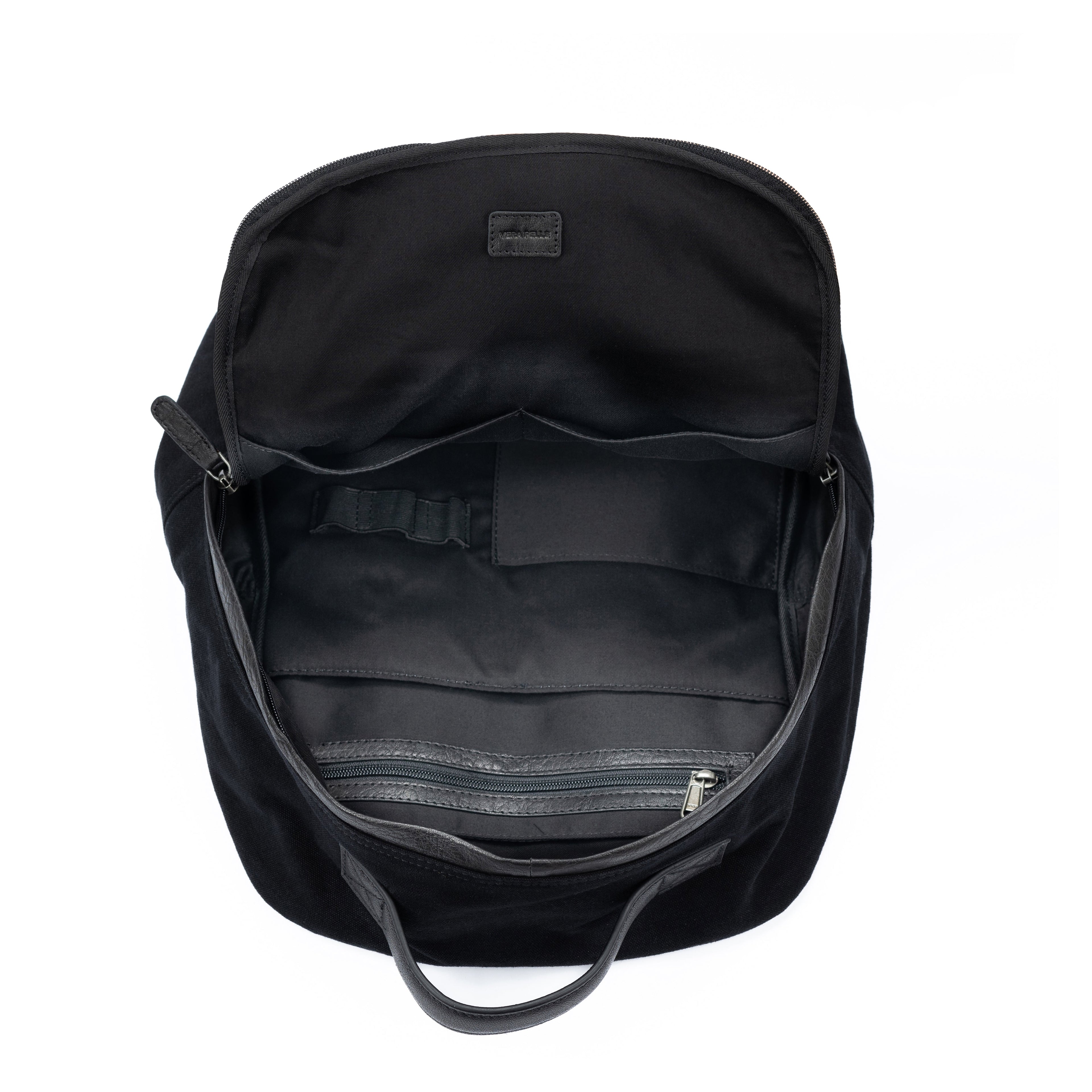 K0023AB | Zaino Porta Notebook in Canvas/Vera Pelle, pieno fiore, volanata - Colore Nero. Accessori Nickel Anticato, Chiusura con lampo. Dimensioni: cm 29 x 40 x15. Confezione: Sacchetto Tnt-2