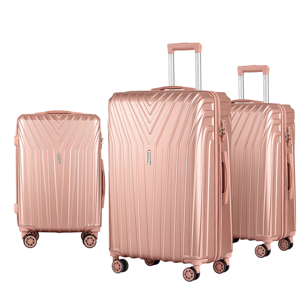 NNEDSZ 3pc Luggage Trolley Set Suitcase Travel TSA Hard Case Carry On Pink Lightweight-0