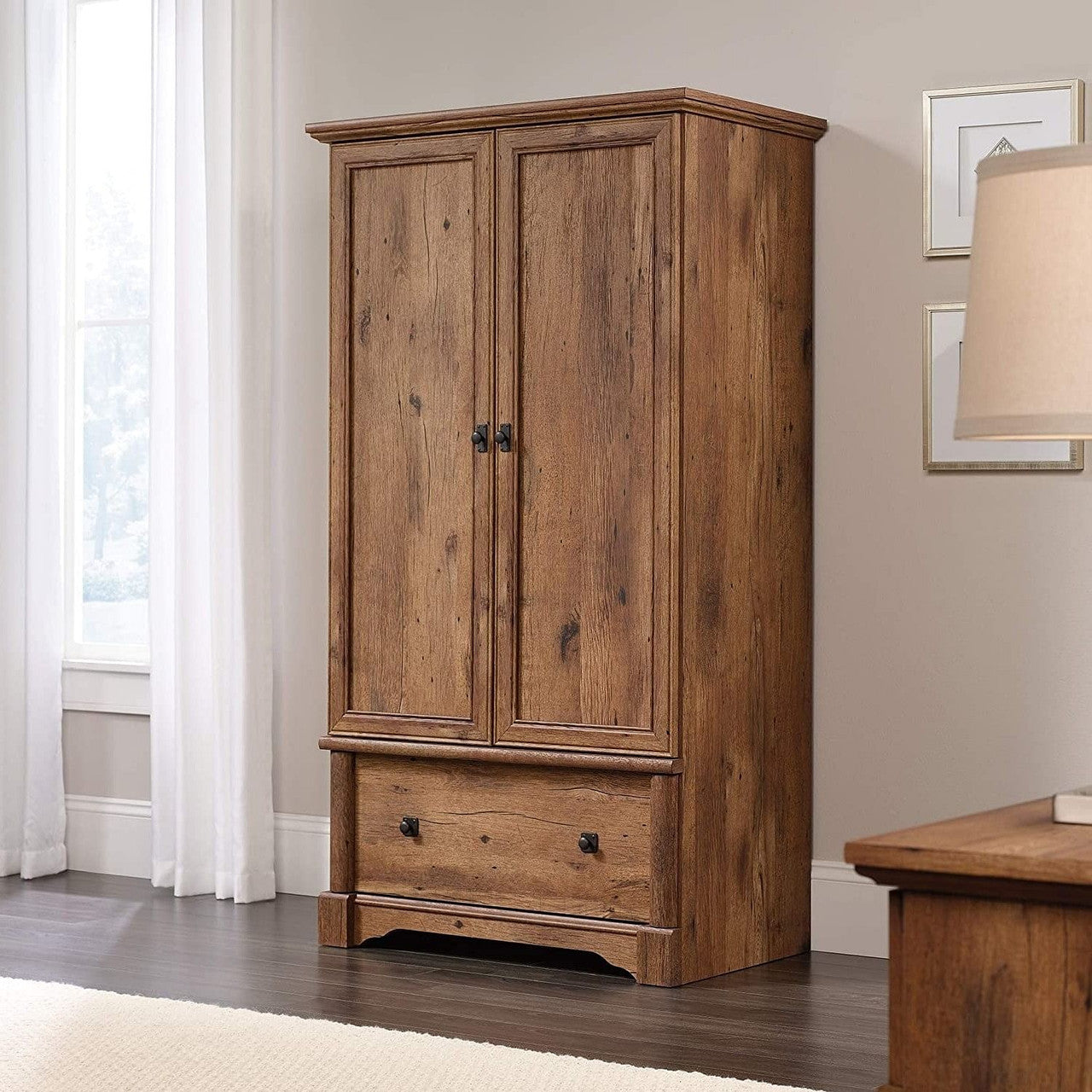 Rustic Oak Drawer and Garment Rod Wardrobe Armoire-0
