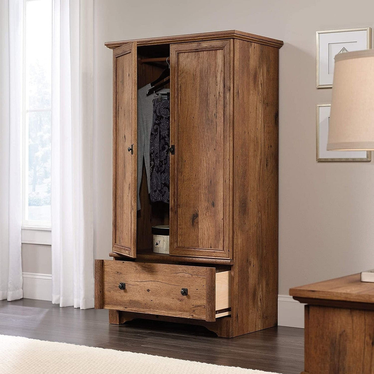 Rustic Oak Drawer and Garment Rod Wardrobe Armoire-1