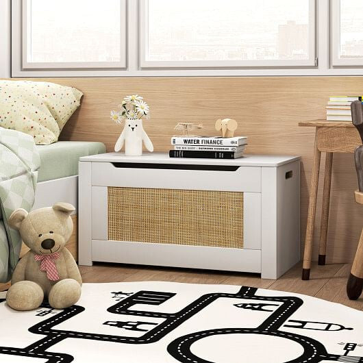 Kids Rattan Toy Storage Box with Flip Top Lid and Safety Hinge Handles-White-1