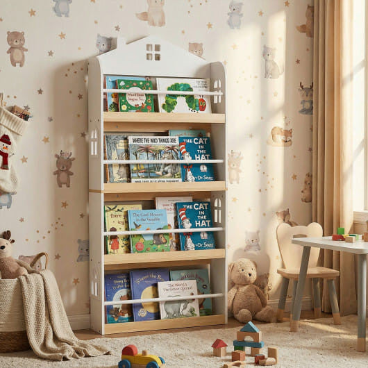 House-Shaped Kids Bookshelf with Anti-falling Baffles-White-0