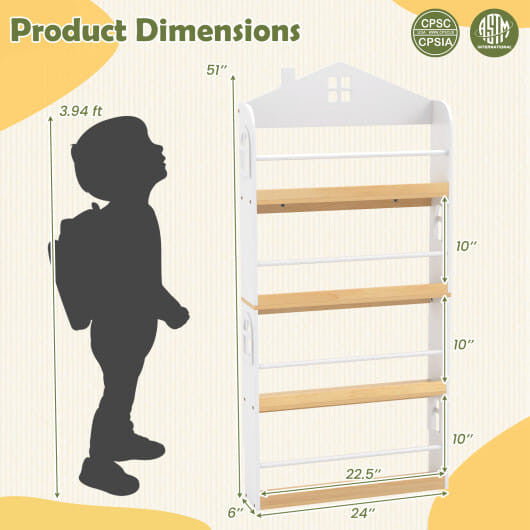House-Shaped Kids Bookshelf with Anti-falling Baffles-White-3