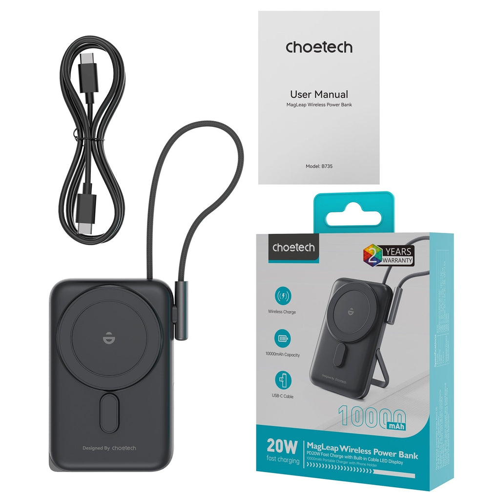 NNEDSZ CHOETECH B735-BK 10000mAh 20W MagLeap Wireless Power Bank Black with Phone Holder and Build-in Cable-3