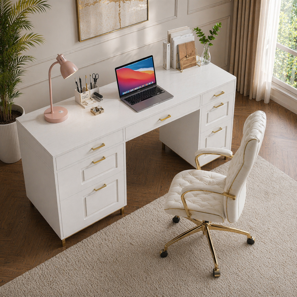 White Gold Executive Desk with 7 Drawers + Matching Padded Office Chair Set-1