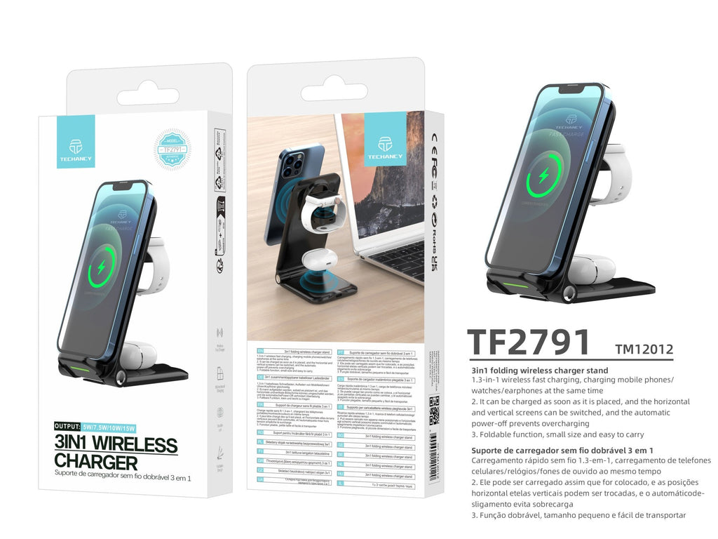 Techancy Carregador Sem Fios 3 Em 1  TF2791, Base De Carregamento Dobrável De 15 W, Compatível Com Iphone E Apple Watch,-2