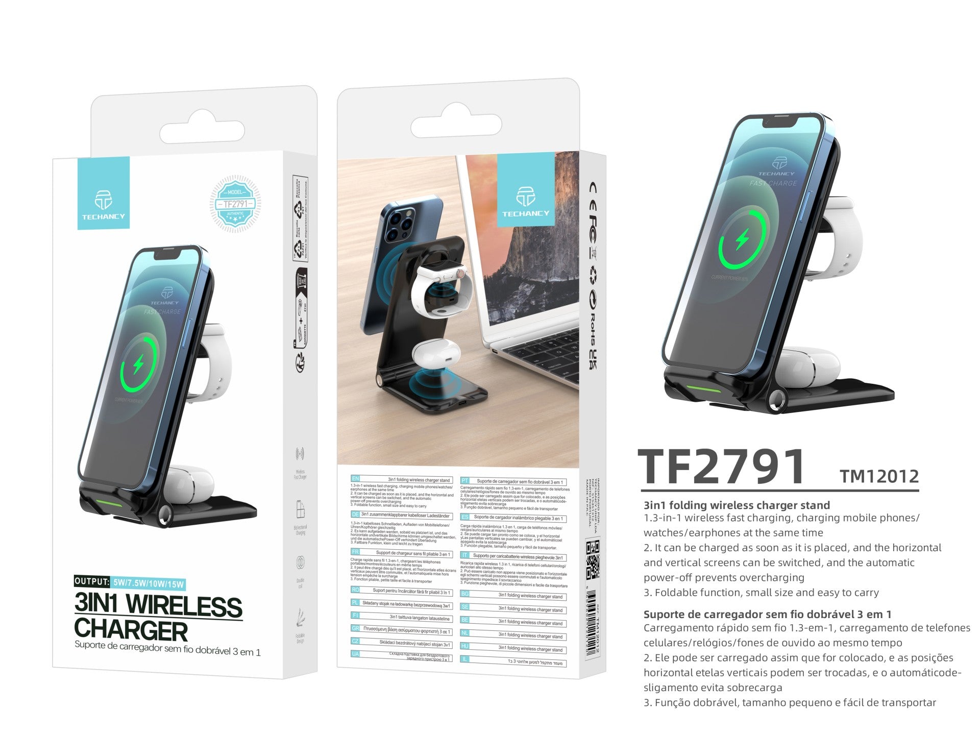 Techancy Carregador Sem Fios 3 Em 1  TF2791, Base De Carregamento Dobrável De 15 W, Compatível Com Iphone E Apple Watch,-2
