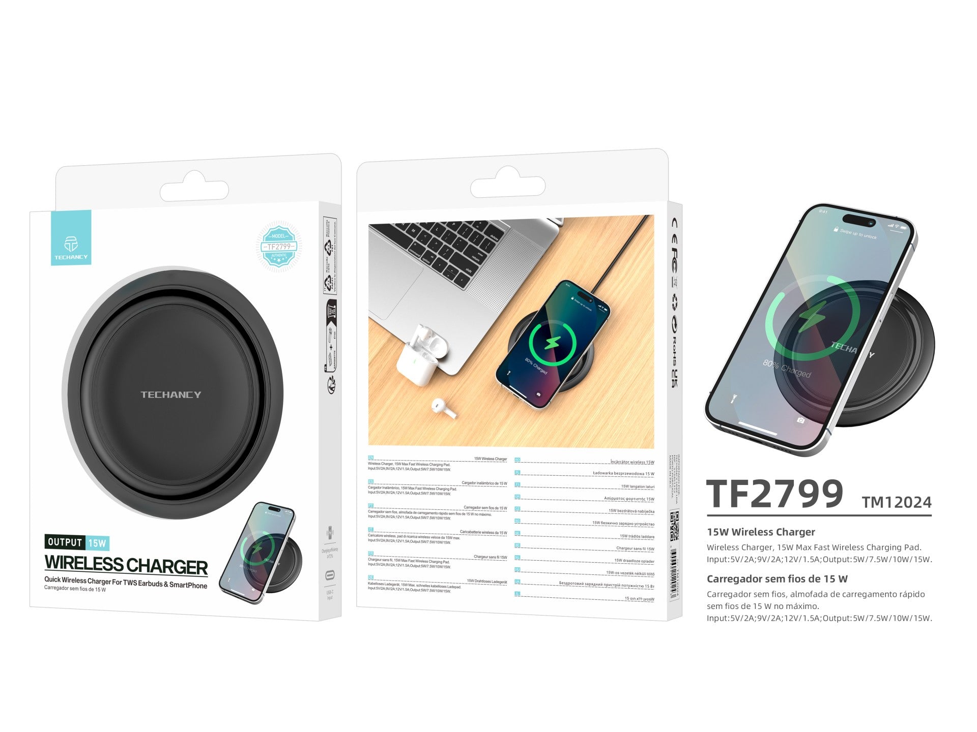 Techancy Carregador sem fio  15W TF2799, compatível com várias marcas de smartphones, carga rápida e segura, leve e portátil-4