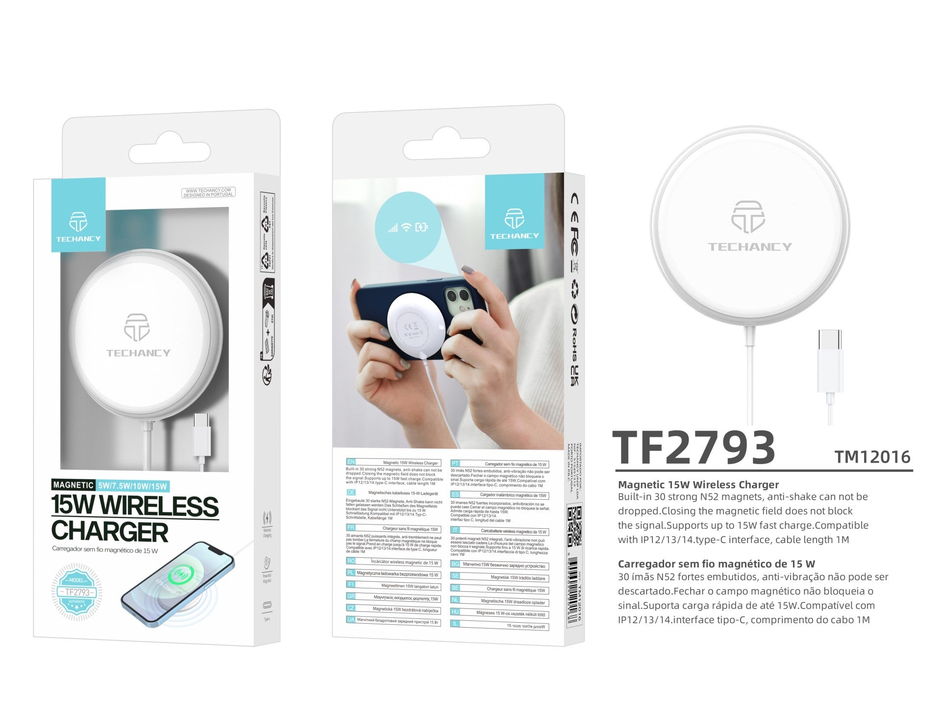 Techancy Carregador Sem Fio Magnético 15w TF2793, Compatível Com Iphone 12 E Acima, Compatível Magsafe, Porta Usb-C-4