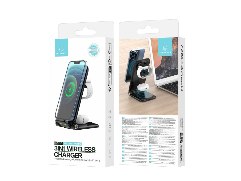 Techancy Carregador Sem Fios 3 Em 1  TF2791, Base De Carregamento Dobrável De 15 W, Compatível Com Iphone E Apple Watch,-1