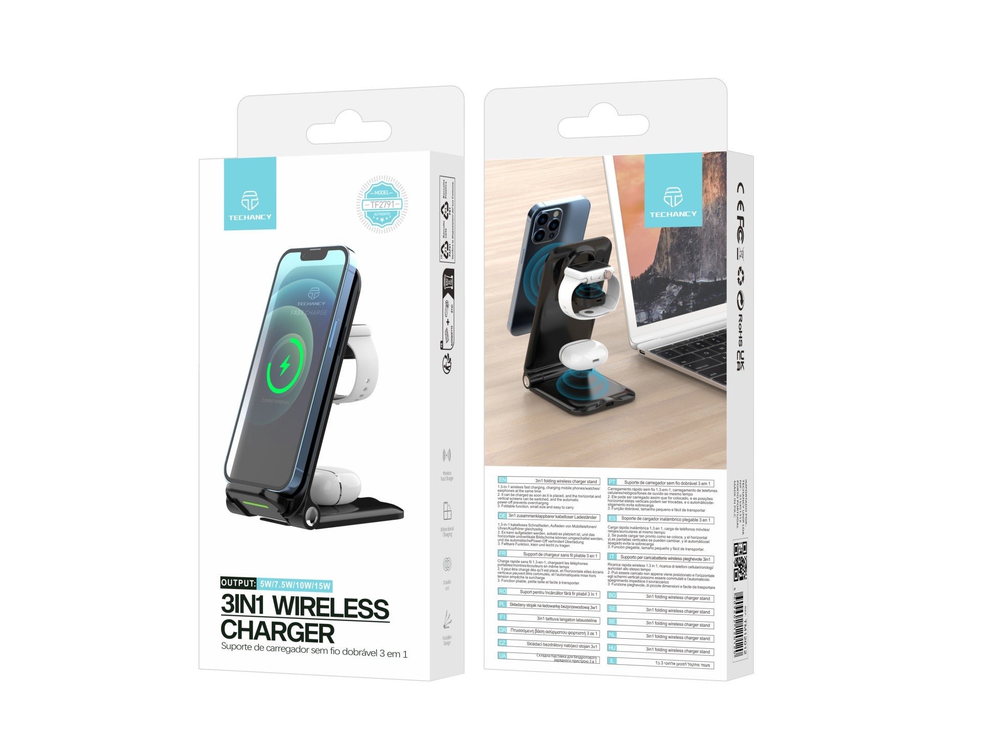 Techancy Carregador Sem Fios 3 Em 1  TF2791, Base De Carregamento Dobrável De 15 W, Compatível Com Iphone E Apple Watch,-1