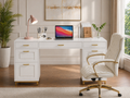 White Gold Executive Desk with 7 Drawers + Matching Padded Office Chair Set-0