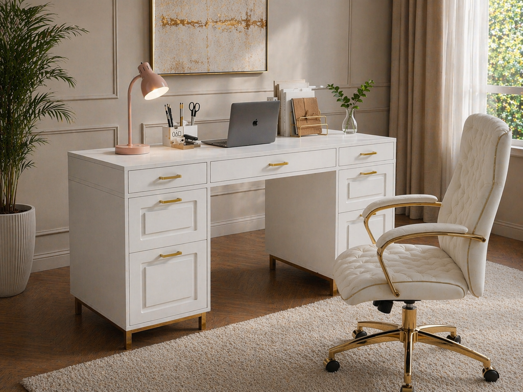 White Gold Executive Desk with 7 Drawers + Matching Padded Office Chair Set-2