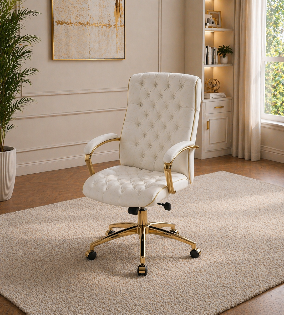 White Gold Executive Desk with 7 Drawers + Matching Padded Office Chair Set-4
