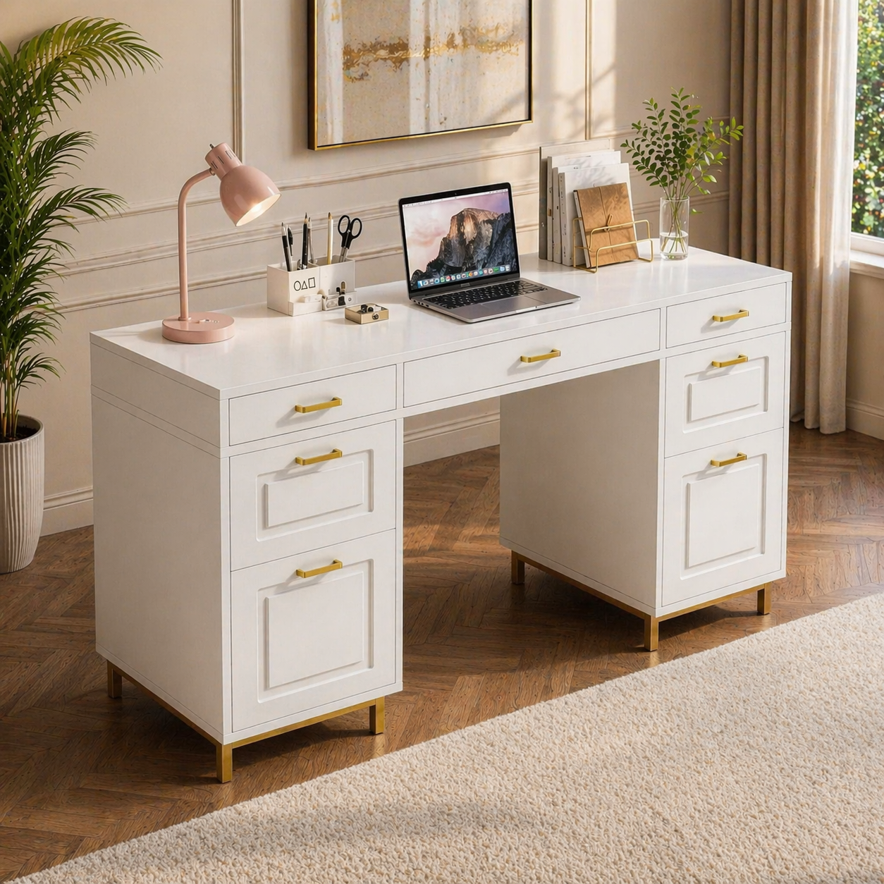 White Gold Executive Desk with 7 Drawers + Matching Padded Office Chair Set-3